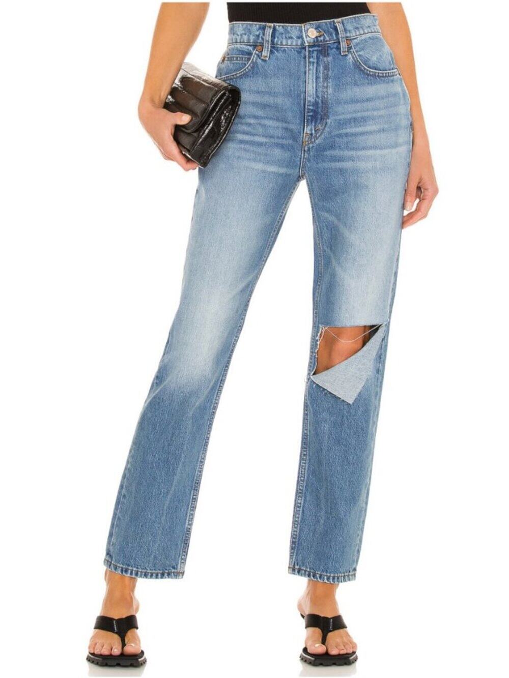 Re/Done Original 70’s Stovepipe Straight Jeans in Daring Indigo With Rip